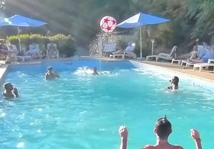 In the nature, along the river with sport activities and swimming pool