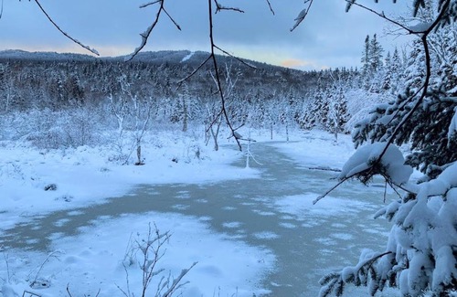 Bretton Woods Villa | BC Log cabin with private beach river fire pit AC wifi onsite trails ski slope views