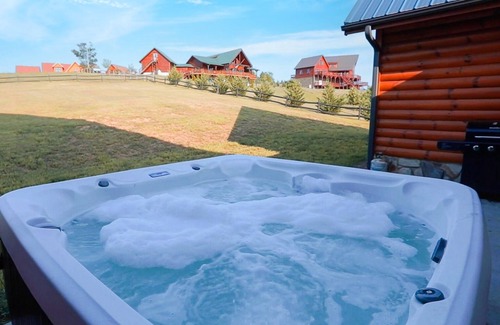 Dobson Cabin | Blue Ridge Mountain View Huge Log Cabin sleeps 18. Outdoor living & Game Room