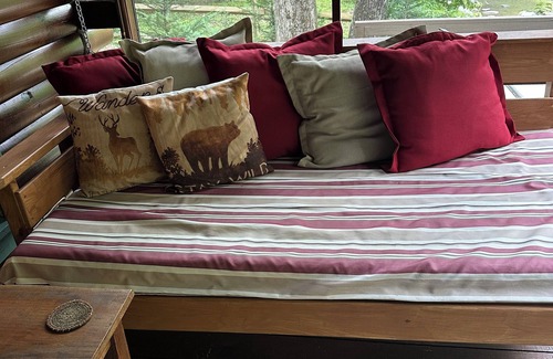 Ellijay Cabin | Cozy Cartecay River Cabin with hot tub, fire pit and porch swing bed!