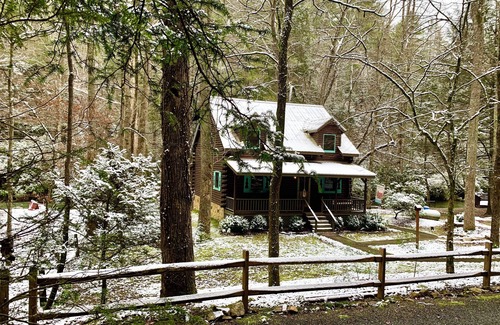 Ellijay Cabin | Cozy Cartecay River Cabin with hot tub, fire pit and porch swing bed!