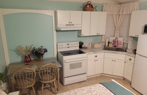 Goldenrod House | Cozy XL room with kitchenette, dining table, couch, and smart tv, shared bath