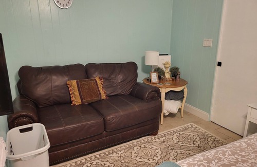 Goldenrod House | Cozy XL room with kitchenette, dining table, couch, and smart tv, shared bath