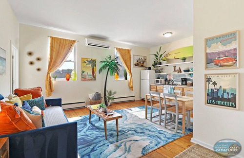 Lake Geneva Apartment | Downtown Lake Geneva - LA Suite |Fun Cali Vibe on Main St |Onsite Parking |Easy Access to the Beach