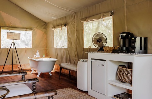 Hays County Condo | Dripping Springs Homestead - Safari Tent + Recreational Pavilion