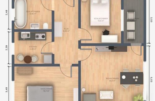 Meppen Apartment | EcoCube 143 - Balkon, 3Zimmer, Waschmaschine, Backofen, Badewanne, 5P