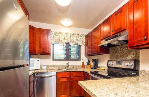 Lihue Condo | Island Touches w/Modern Kitchen, Wood Floors, Lanai, Flat Screen, WiFi–Kaha Lani 203