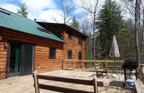 Fryeburg Cabin | Log Cabin on Spacious Lakeside Woodlands, with Private Beach and Waterfront.