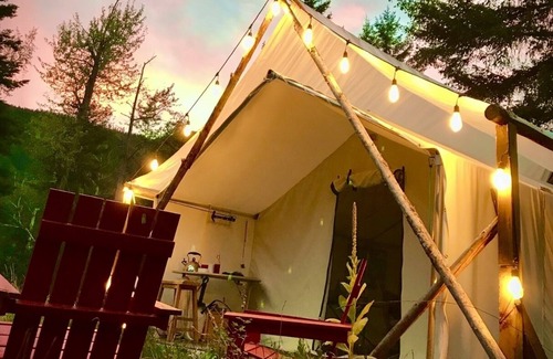 Kamloops RV Rental | Mountain forest retreat - safari tents by private creek, minutes from Sun Peaks
