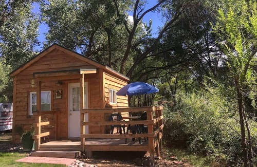 Montrose Cabin | One room camping cabin Double bed on the main level and two lofted twin-size beds Heating and cooling Sleeps: 4 Pets: 2 Parking: 1