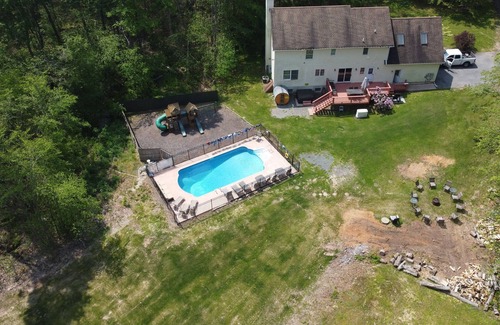 Blakeslee House | Private and Heated pool Hot tub, sauna, game room, swing Sat.