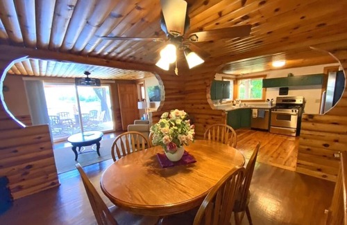 Burr Oak Cabin | Secluded SW Michigan Lake View Log Cabin w/Fire Pit & Deck on Long Lake