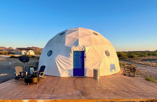 Terlingua RV Rental | Southern Boho inspired Geodesic Dome nestled up next to Big Bend National Park.