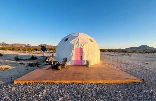Study Butte-Terlingua RV Rental | Southern Boho inspired Geodesic Dome nestled up next to Big Bend National Park.
