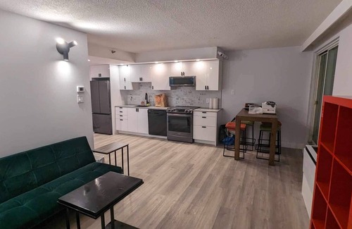 Shaughnessy Village Apartment | Sunny Downtown Montreal skyline view Crescent + Bell Centre 1 Br condo