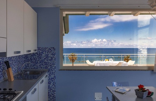 Capo d'Orlando Apartment | Zaffiro - 1-bedroom apartment with large panoramic sea view terrace and pool in the garden