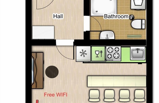Apartment with 1 room, kitchen and bathroom for 2-4 persons