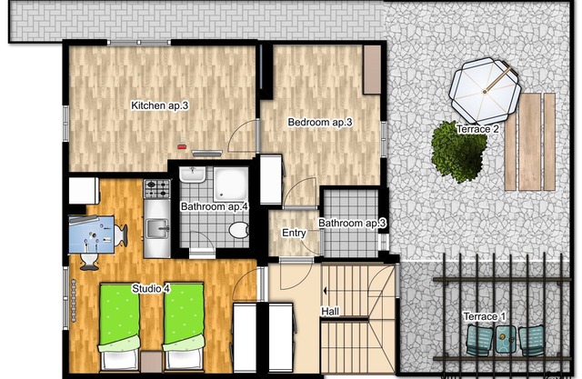 Apartment with 1 room, kitchenette and bathroom for 2 people