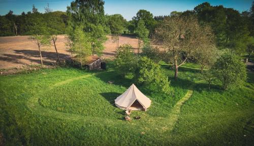 Boutique tent 'Pruum' op een unieke plek in het groen met luxe bed