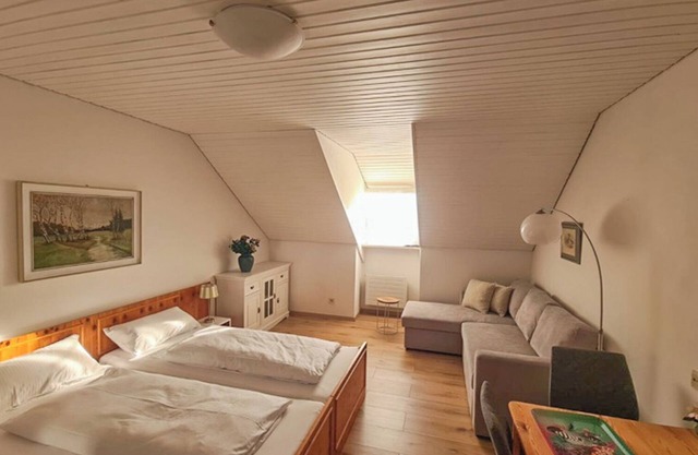 Cozy vacation apartment with sofa bed and fully equipped kitchenette.