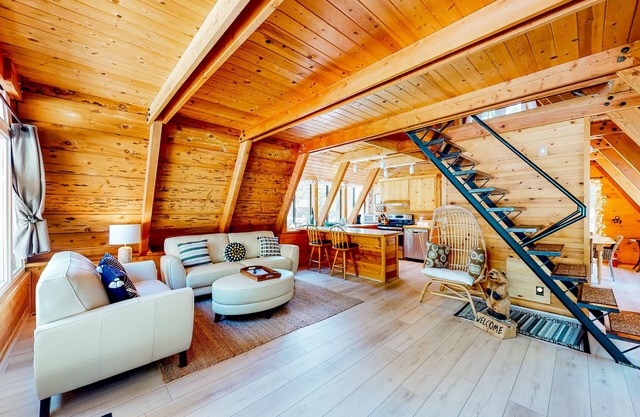 Dog-friendly A-frame cabin with 2 decks & fireplace - walk to the beach