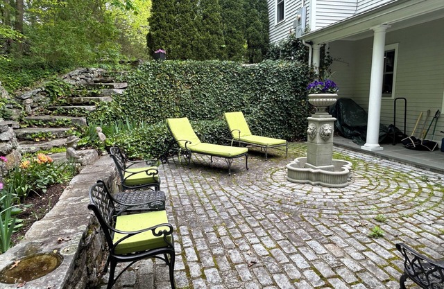 Fountain Courtyard and Fireplace Kitchen