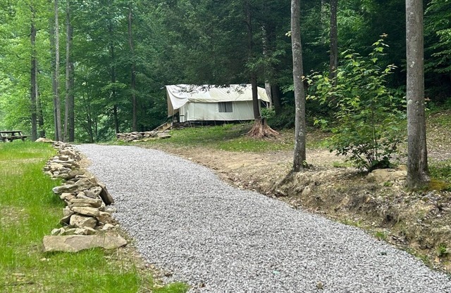 Glamping safari tent overlooking pond. Kid and pet friendly.