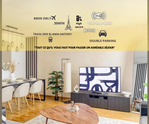 L'îlot Zen- Idéal pour famille-Groupe-Pro-Double Parking-highwifi-Aeroport Orly 8min-Paris30min