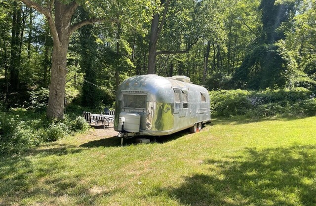 Modern Styled Vintage Airstream Nestled by a Stream on a Picturesque Tree Farm