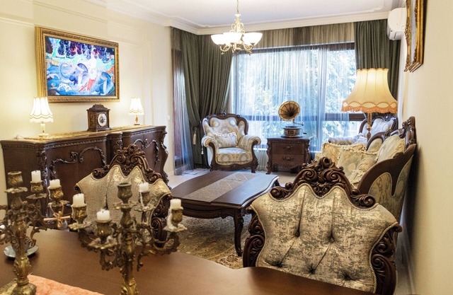One-of-a-kind apartment seamlessly blends antique elegance with modern comfort.