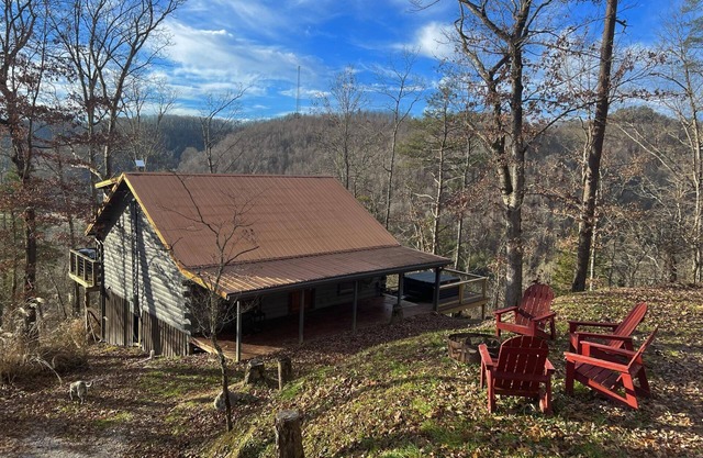 Secluded cabin sitting high above the bustling world below.
