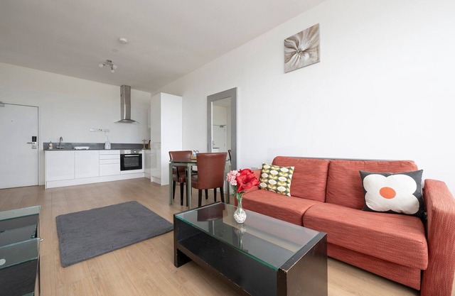 Sleek urban retreat with gym access