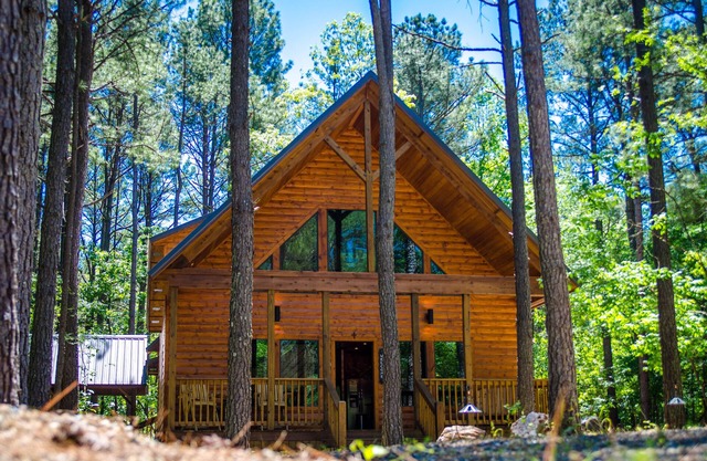 This luxury two-bedroom luxury log cabin is designed and furnished in true rustic elegance. You will love the beautiful hand-scraped hardwood floors, giant hand-hewn dark oak beam accents to the knotty pine walls, granite counters, ceiling fans, stai