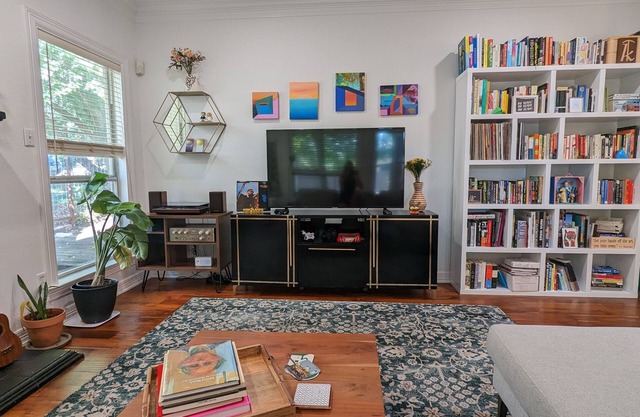 Walk to downtown Austin from an artistic two-story condo