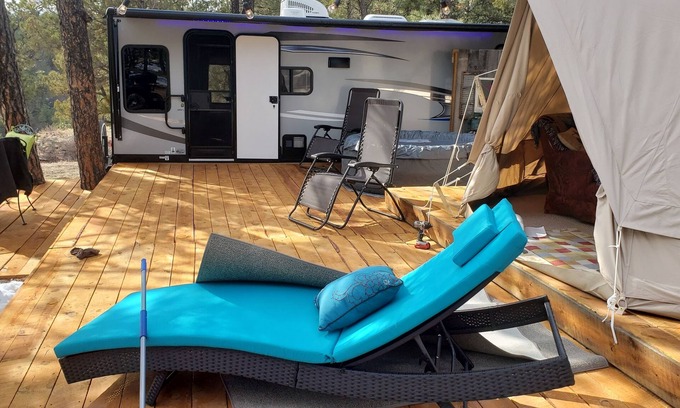 Hot Springs House | 29ft Alpha Wolf RV PLUS Sibley double bell tent COMBO! @EvansCliff, Hot Tub!