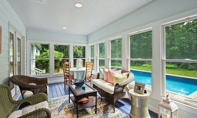 Noyack House | Acre of Landscaped Grounds, Eat-In Kitchen with Fireplace, Entertainment.