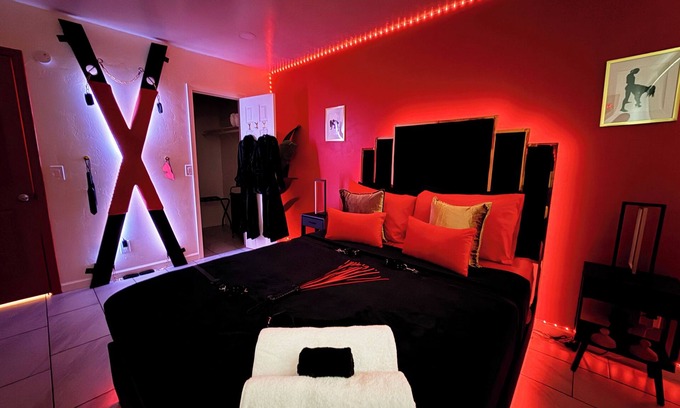 Tucson Apartment | Adult-only fantasy suite with hot tub, dance pole, and kink-inspired furniture. Perfect for couples craving privacy, intimacy, and play. Discreet, clean, and unforgettable—your private Red Chamber escape.