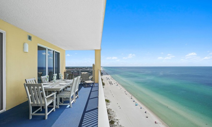 West Panama City Beach Condo | BEACHFRONT Panoramic Corner Unit, Beach Service, Wifi, free parking, Sleeps 6!