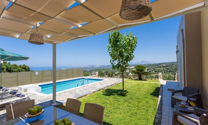 Agia Triada Villa | Captivating Villa w/pool, Ping Pong Table, Childrens Play Area and Sea Views
