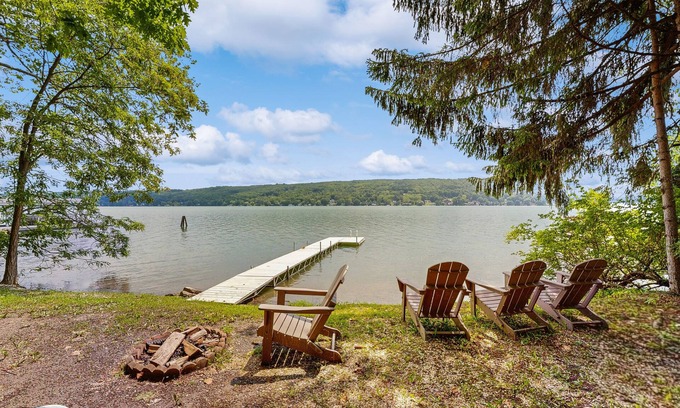 Town of Jerusalem House | Charming lake view home w/dock, pergola and grill & lake side fire pit