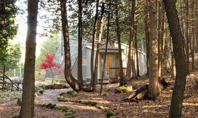 Grey Highlands Cabin | Charming updated A-frame home nestled in the woods adjacent to Kimberley Creek.