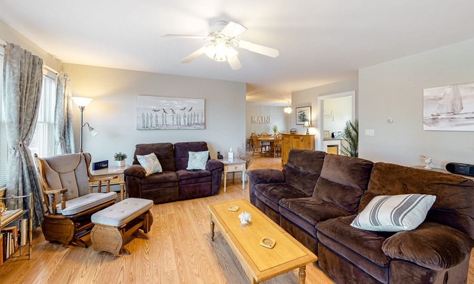 Owls Head House | Comfy, one-level home with partial water view, deck, fast WiFi, grill, & W/D