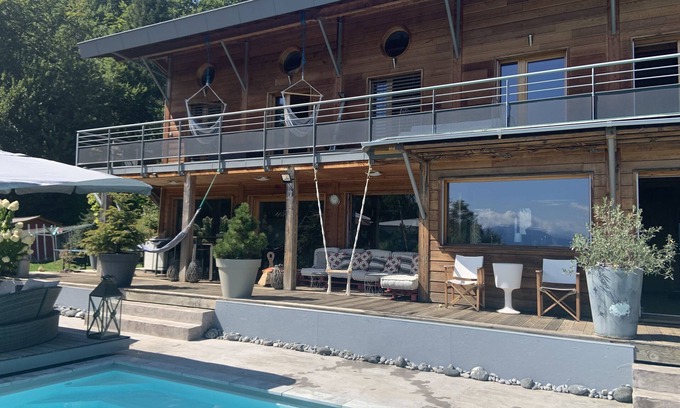 Pringy Villa | Contemporary wooden villa, clear view of Lake and mountains.nWith spa & pool.