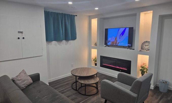 Winnipeg House | Cozy private bsmt suite |Bonavista |Fireplace, workspace & nature-inspired decor