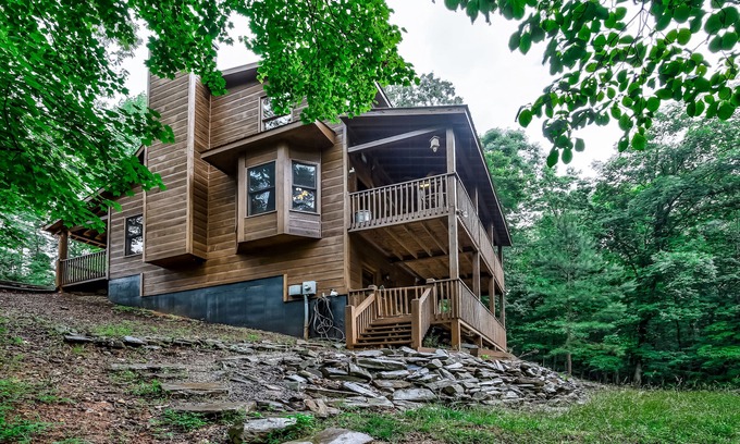 Ellijay Cabin | Dog-Friendly Forest Cabin with Hot Tub, Shared Pool, Game Room, Two Decks