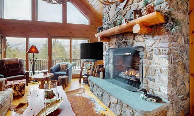 Sunday River Area House | Dog-friendly lodge w/hot tub, huge Sunday River view, game room & firepit