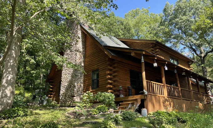 Sheridan Cabin | Dog-Friendly Log Home On Fox River IL Near Starved Rock, Porch, Deck, Firepit