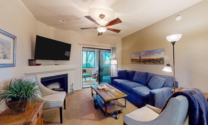 Tucson Condo | Dog-friendly mountain view condo with pool, gym, grill, fireplace, & sunroom