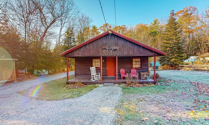 South Casco Cottage | Dog-friendly rustic Maine mountain cottage with private hot tub, firepit & patio
