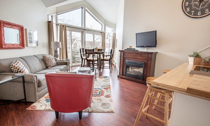 Charlevoix Condo | Downtown Charlevoix Condo | Indoor/Outdoor Pool | Private Balcony | Sleeps 6